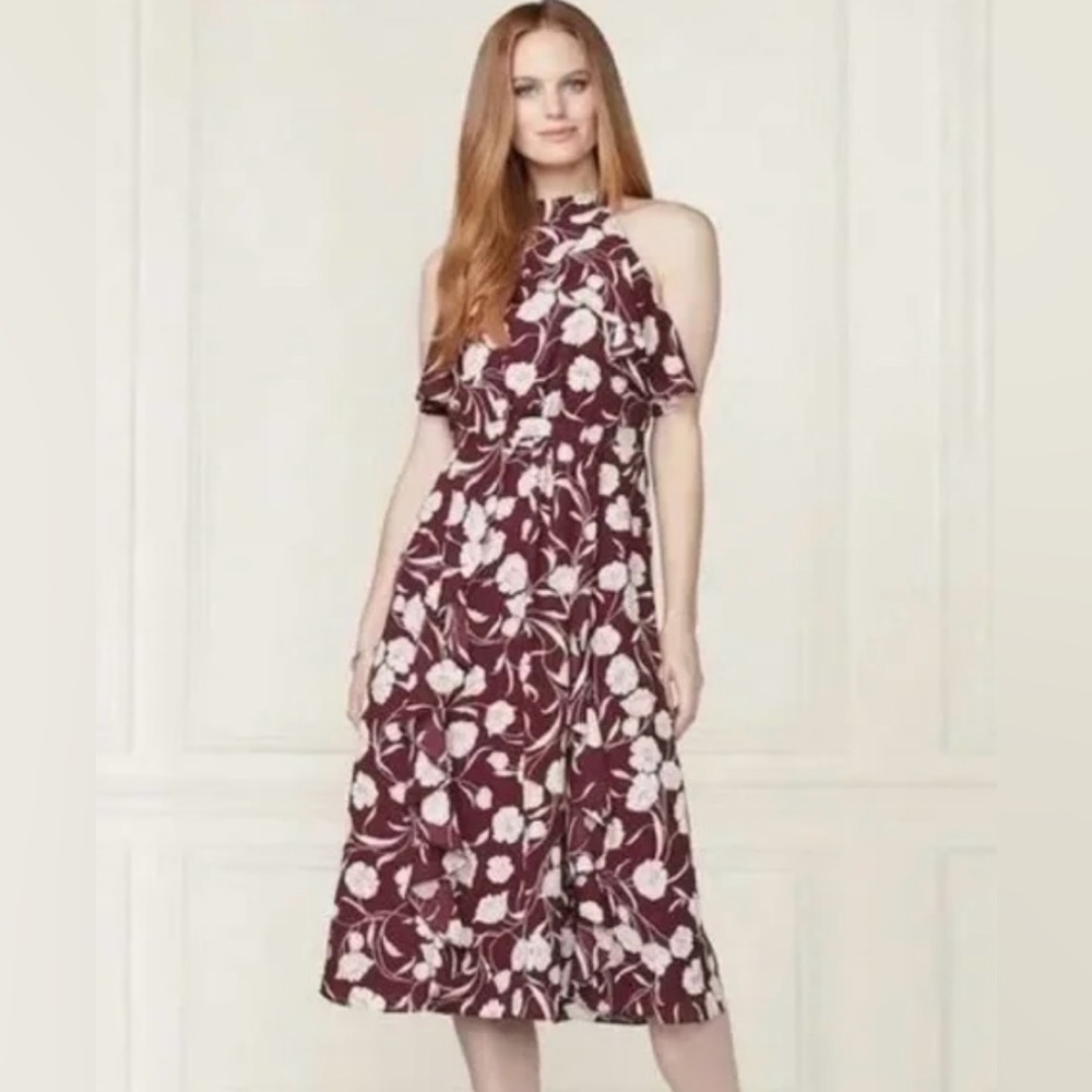 Lauren Conrad runway burgundy floral ruffle midi dress